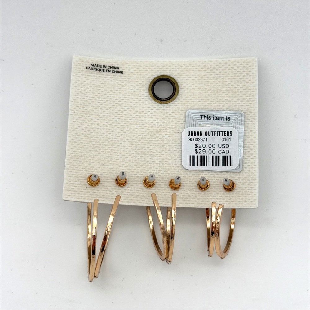 NWT New Women's Urban Outfitters Rhinestone Hoop Gold Earrings Set 3 Pack - Picture 2 of 3